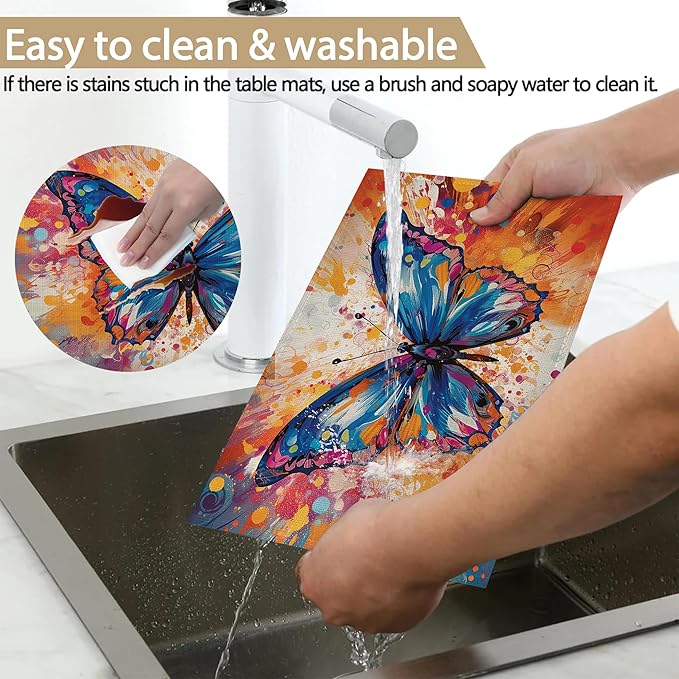 Table Placemats Set of 6, Waterproof Linen Fabric, Non-Slip Backing & Easy Clean, Elegant Dining Table Protectors for Family and Guests(Colorful Butterfly)