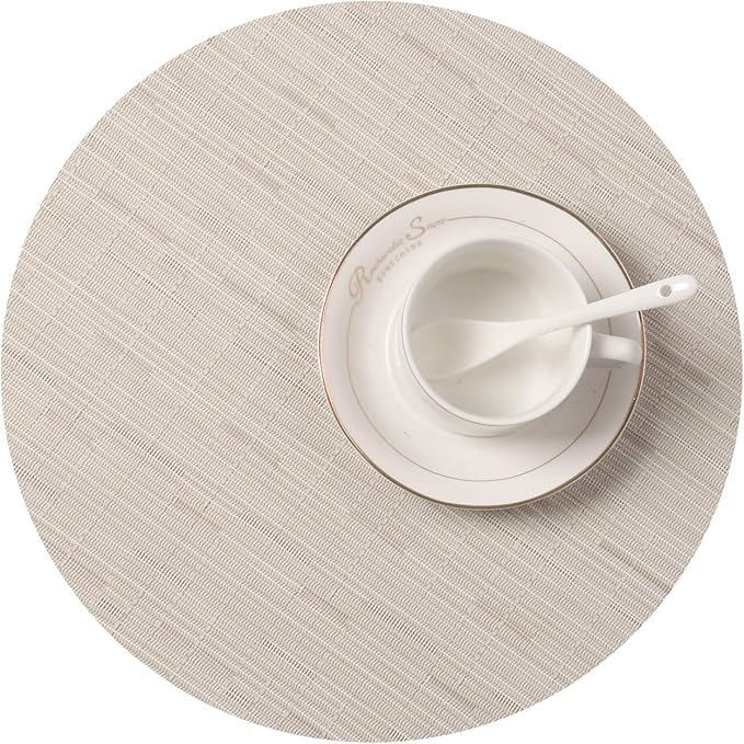 SHACOS Round Table Placemats Set of 7 Wedge Shaped Place Mat with Centerpiece Circle Mat Heat Resistant Small Round Table Mats Washable (7, Beige)
