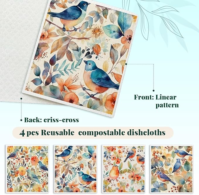 Bird Flower Swedish Dishcloths for Kitchen, Papaya Reusable Paper Towels, 4 Pack Watercolor Dish Cloths, Washable