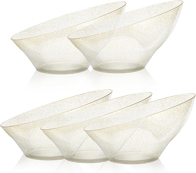Goodluck 5 Pack Gold Glitter Plastic Serving Bowls for Party - 20 OZ Angled Disposable Serving Bowls for Wedding Party Chip, Candy, Salad & Fruit
