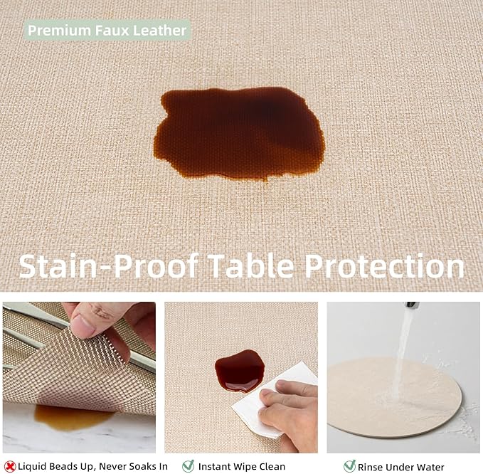 Round Wipeable Placemats Set of 2 – Faux Leather Round Table Mats, Waterproof & Washable Vinyl Placemats, Circle Design for Dining Table Decor– Ivory Beige