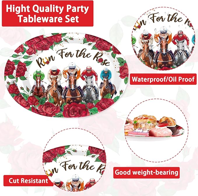 Grencian 50PCS Derby Oval Paper Plates 10" X 12" Disposable Heavy Duty Derby Horse Racing Plates Run for The Roses Dinnerware for Horse Race Day Boys Girl Birthday Party Decorations