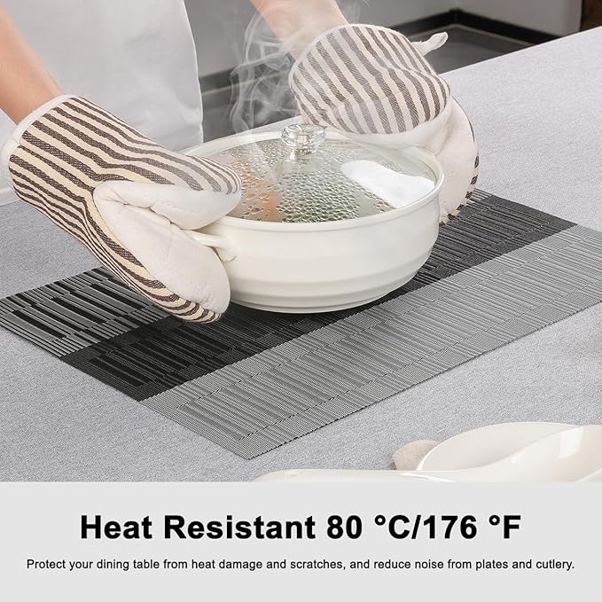 Placemats Set of 6, Vinyl Woven Place Mats Indoor Set of 6 Washable Wipeable PVC Table Mats Heat-Resistant Non Slip Plastic Placemat for Kitchen Dining Outdoor Table (Gray Black, Set of 6)