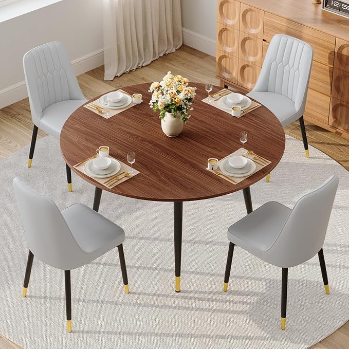 53” Round Dining Table Set for 4｜5 Piece Wood Dining Table Set｜Extendable Dining Room Table with 4 Chairs｜Walnut Wooden Tabletop with Metal Legs｜Easy Assembly｜Space Saving｜for Kitchen, Living Room