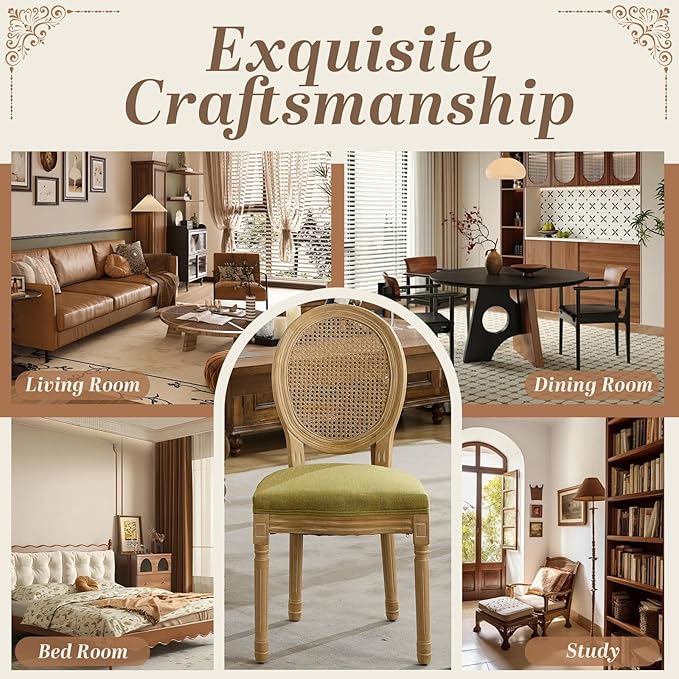 SoarFlash French Dining Chairs Set of 2, Vantage Dining Chair with Round Back, Wood Leg Farmhouse Country Rattan Dining Chair for Kitchen,Bedroom,Olive Green