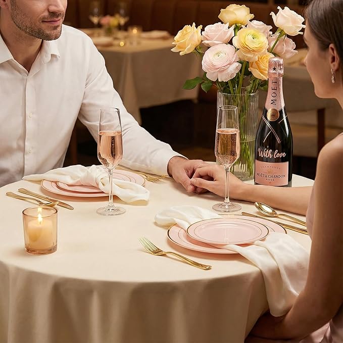 GATHER 700PCS Pink Plastic Plates - Gold Rim Disposable Plastic Dinnerware Set Include 200 Pink Plates, 300 Silverware, 100 Napkins, 100 Cups for Party & Wedding & Valentine's Day