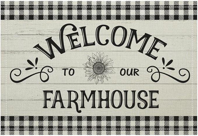 Vintage Farmhouse Placemat Set, Rustic Minimal Black White Check Inspirational Quotes Sketch Sunflower Pattern Home Decoration Linen Table Mats for Dining Room Kitchen Party (17x12in) x4P