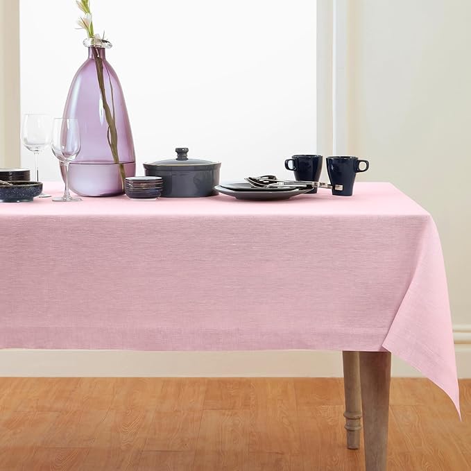 Solino Home Linen Tablecloth 60 x 132 Inch - 100% Pure Linen Bubblegum Pink Table Cloth for Rectangle Tables - Athena, Machine Washable Tablecloth for Valentines, Spring, Easter