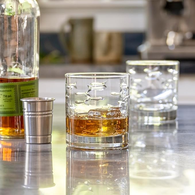 Rolf Glass School of Fish On the Rocks Glass |10oz Whiskey Glasses | Made in America | Deeply Engraved Fish Design | Diamond Engraved and Polished | Set of 4