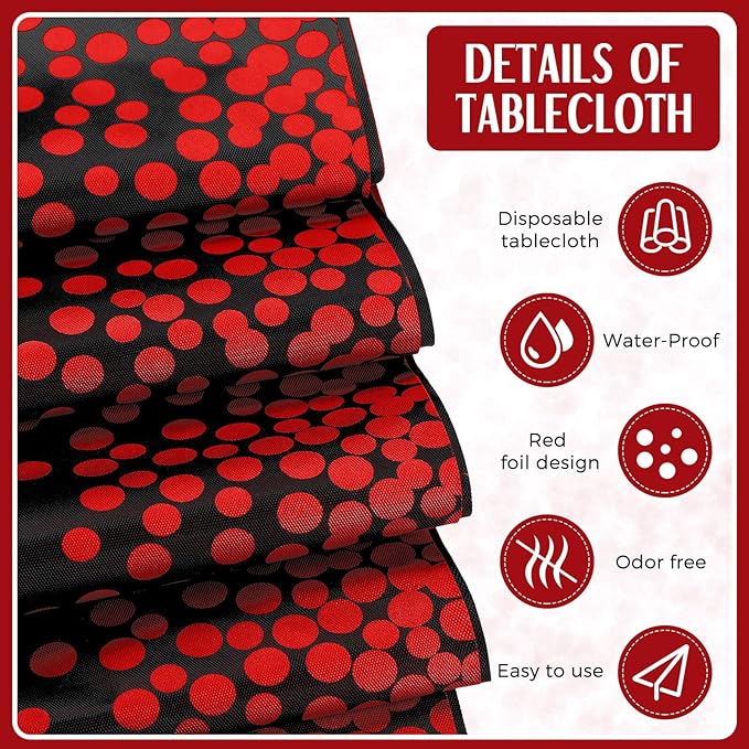Breling 16 Pack Black and Red Disposable Plastic Tablecloths and Satin Table Runner Set, 54 x 108 Inch Tablecloth, 12 x 108 Inch Table Runners for Wedding Graduation Birthday Baby Shower