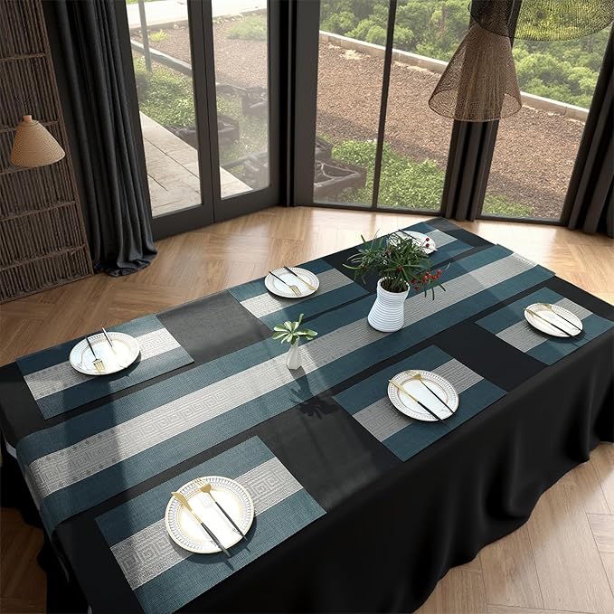FAVE Placemats Set of 8 Indigo Blue Woven with Gray Placemats Durable and Wipeable Vinyl Placemats Heat Resistant Table Mats Set of 8 for Wedding, Banquet, Birthday, Party, Restaurant (Indigo Blue)