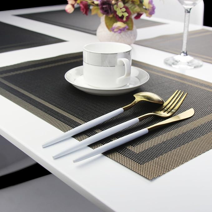 Placemats Vinyl Washable for Dinner Table Stain Insulation Easy to Clean Table Mats Set of 6 (Gold+Black)