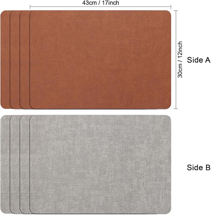 Myir JUN Reversible Vinyl Placemats Set of 4, Faux Leather Place Mats Dual Sided Waterproof Wipeable, Heat-Resistant Table Mats for Kitchen Dining Indoor Outdoor (12" x 17", Light Gray Reddish Brown)