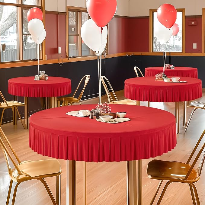 2 Pack Red Spandex Round Tablecloths for 60 inch Table - Stretchy Fitted 5FT Table Cloths with Skirt - Wrinkle Free for Wedding Party Dining Banquet