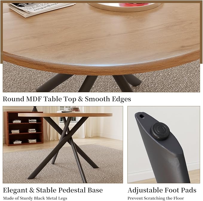 45.3 Inch Round Dining Table Set for 4, Mid Century Modern Small Kitchen Coffee Set for Dining Room Kitchen Apartment (Oak Table + 4 U-Shaped Black Chairs)