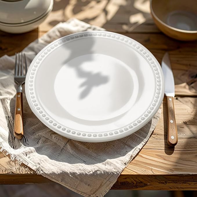 Melamine Beaded Appetizer/Salad/Dessert/Side Plates,Basic White Set of 6,8.5 inch,Platter,Serving Dishes,Kid-Friendly,Chip and Break-Resistant,Dishes Set for Valentine's Day, Weddings & Everyday Meals