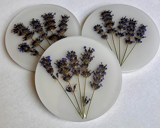Handcrafted Pressed Lavender Resin Coasters White with Cork Base, Decorative Table Protection (4, Round)