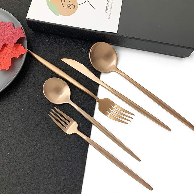 JASHII 18/10 Rose Gold Flatware Silverware Set 304 Stainless Steel Copper Flatware Cutlery Set| 24-Piece Adaline Royal Modern Satin Finish| BEST Birthday Wedding Gift (Rose Gold Matte 4 Sets)