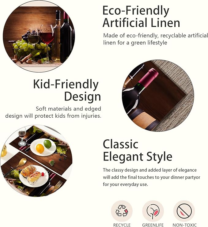 Wine Placemats Set of 6,Red White Grapes Wooden Linen Washable Kitchen Dining Table Mats Heat Resistant Place Mats for Home Party Indoor Holiday 12x18 Inch