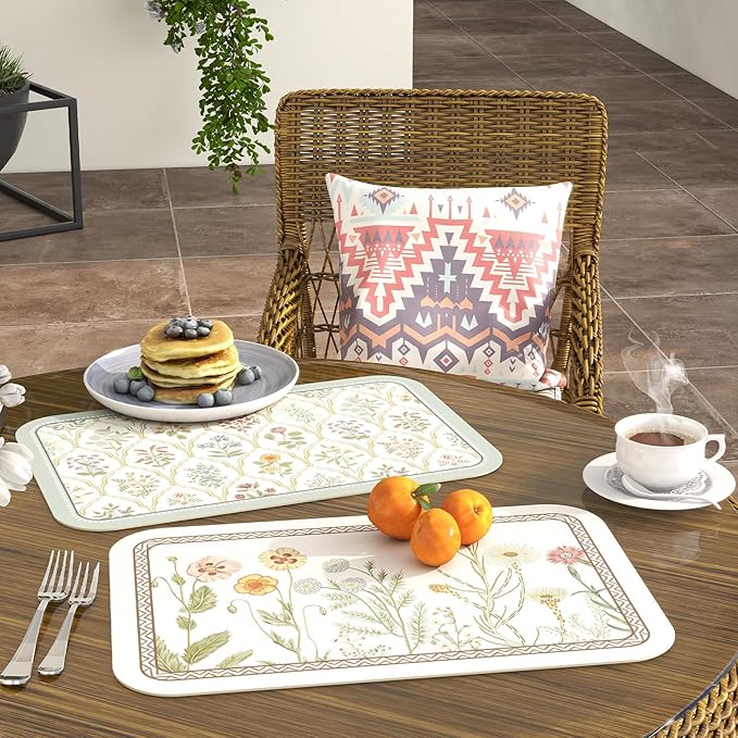 ISAENNE Designer Cottage Rectangular Placemats Set of 6,Flower Pattern PVC Placemat, Waterproof and Heat-Resistant Pastoral Style,Decoration for Kitchen,Dinning,Parties, Holiday,12"*17"