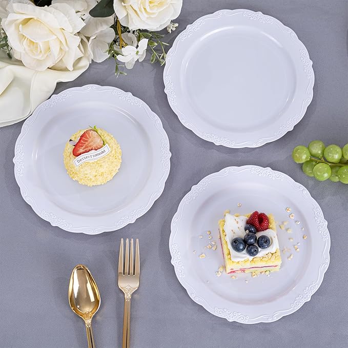 DaYammi 36PCS White Plastic Plates, Heavy Duty White Disposable Premium 7.5inch Dessert Cake Salad Appetizer Plates Hard Plastic Platos Disposable for Party Wedding