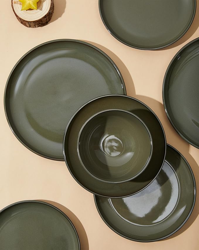 Ceramic Plate Set 10 Inch, Terracotta Dinner Plates of 6, Microwave Safe Plate, Large Serving Plates for for Salad Pasta Steak, Blackish Green