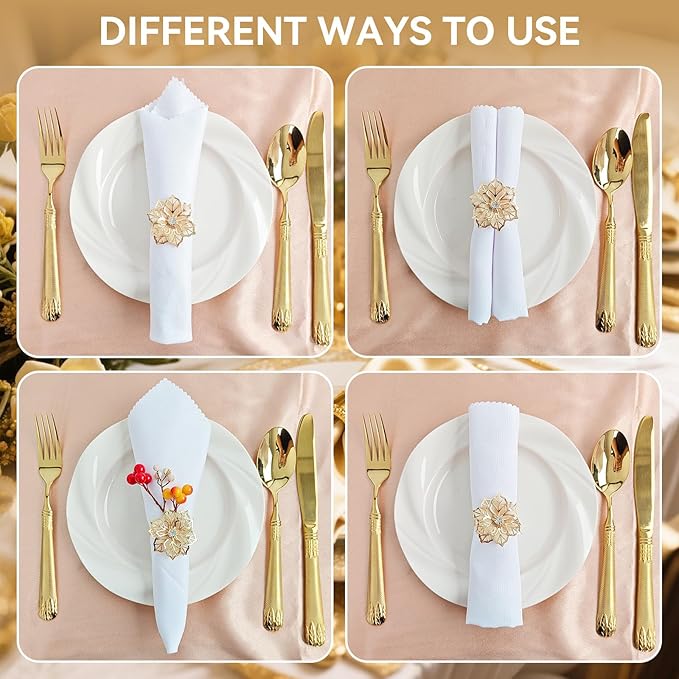 Gold Napkin Rings, Thanksgiving Christmas Napkin Rings Set of 12, Nickel-Plated Steel Table Decor for Festival Party - Floral