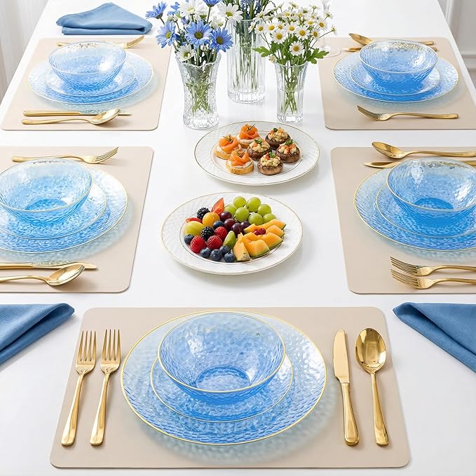 Tinybee 50 Pack Blue Plastic Bowls - Blue Disposable Bowls for Party with Gold Rim, 16-20oz Premium Hammered Bowls Disposable Heavy Duty, Plastic Salad Bowls for Milk Cereals, Snacks, Salads