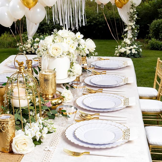 Ciaell 175 PCS White Scalloped Plastic Plates with Gold Trim - Gold Plastic Silverware with Handle - Fancy High-End Dinnerware Sets for Wedding & Party(25 Guests)