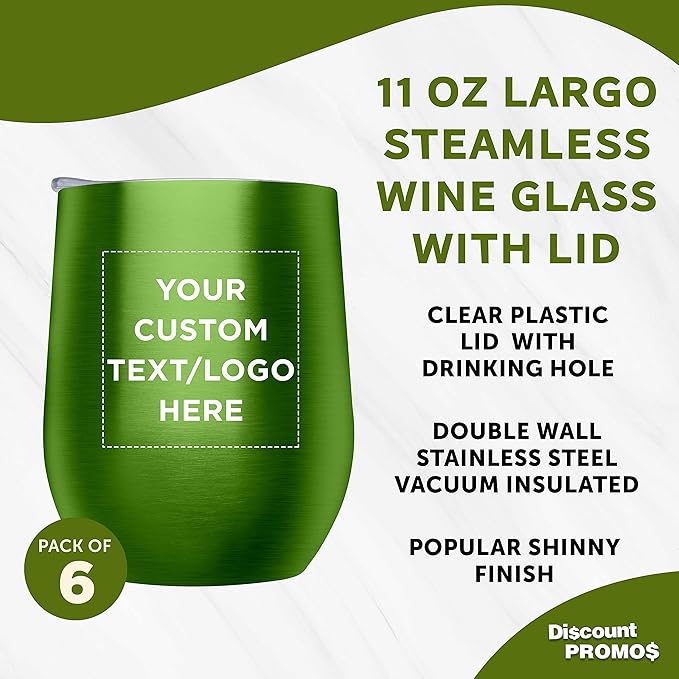 Custom Stemless Wine Glass Tumblers with Lids by Largo 11 oz. Set of 6, Personalized Bulk Pack - Perfect for Wine, Cocktails, Other Hot & Cold Beverages - Lime Green