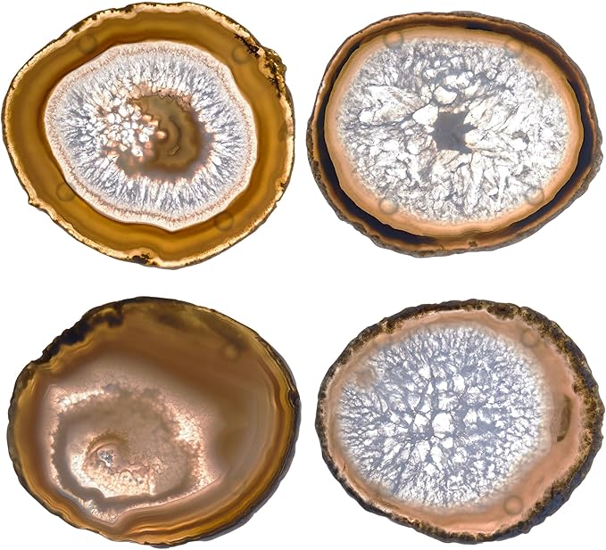 Luxury Lane Set of 4 Large Natural Brazilian Agate Slice Geode Rock Stone Drink Coasters with Wood Holder 4.3-4.7 inch Centerpiece Table Decoration, Ash Gray