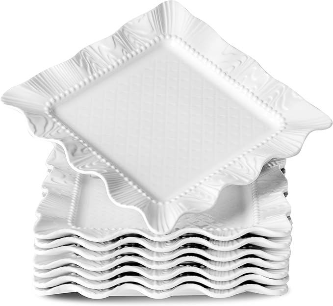 Neaylfe 8 inch Ceramic Dessert Salad Plates, Set of 8, Embossed Square Dinner Plates, Kitchen Porcelain Dish, Ceramic Flat Plates for Appetizer, Pancakes, Dishwasher & Microwave Safe