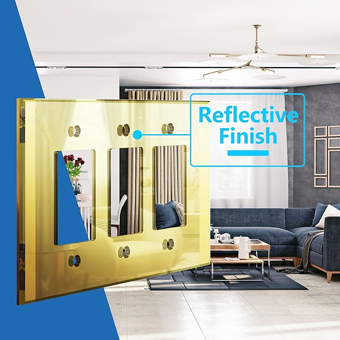 LIDER Reflective Acrylic Decorator Wall Plate, Mirrored Light Switch Plate, Plexiglass Outlet Cover, Acrylic Glass, Oversized 3-Gang 5.25" x 7.06", LWP-33O-AGD, Gold