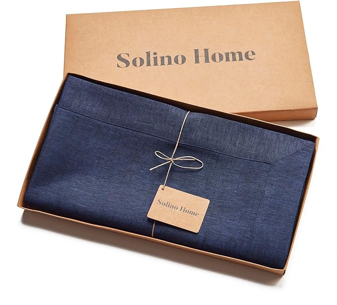 Solino Home Linen Tablecloth 60 x 156 Inch - 100% Pure Linen Chambray Navy Table Cloth for Rectangular Tables - Athena, Machine Washable Cloth Tablecloth for Winter, Spring