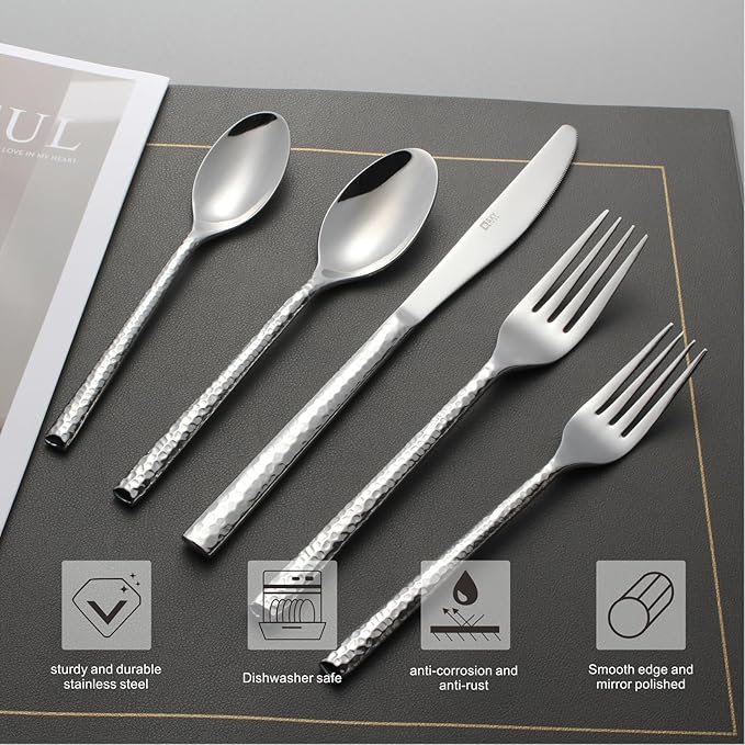 20-Piece Forged Hammered Stainless Steel Flatware Cutlery Set for 4, SXY INOX Includes Dinner Knives,Dinner Forks, Tea Spoons, Dinner Spoons, Salad forks, Mirror Polished - Dishwasher Safe