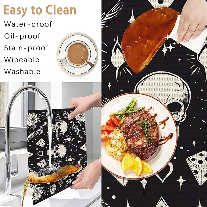 Skull Head Placemats Set of 6,Rose Table Mates Non-Slip Heat Resistant Washable Linen Place Mats for Party Kitchen Dining Decoration Indoor Outdoor 12"x18"