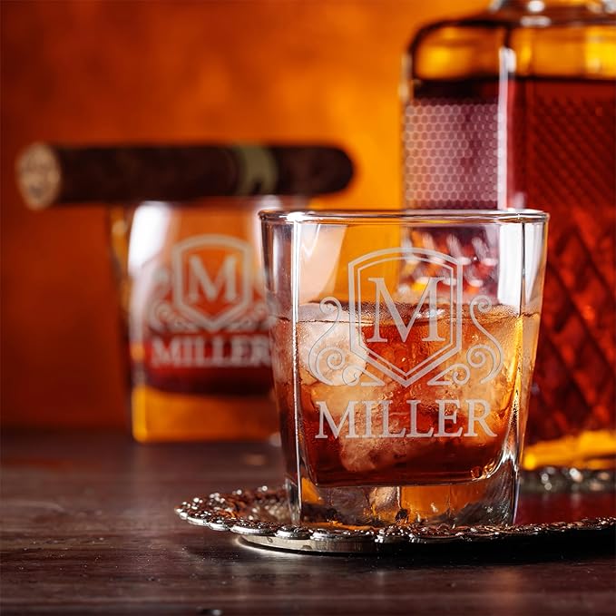 Customization Mill Set of 4, Monogrammed Whiskey Rocks Glasses w/Name & Initial - Whiskey Gifts for Men - 9 Designs - Personalized Bourbon Whiskey Glasses