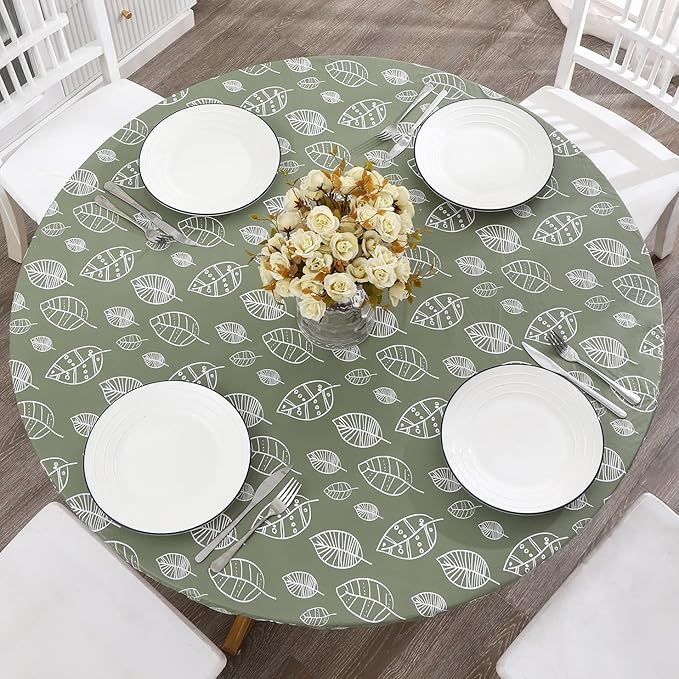 Walrus Round Vinyl Fitted Tablecloth with Flannel Backing Elastic Edge Design Table Cover Waterproof Oil-Proof PVC Table Cloth Stain-Resistant Best for 32"-36" Round