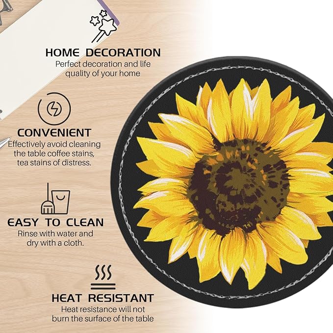 Coasters for Drinks PU Leather,Set of 6 with Holder,Round Housewarming Gift Home Decor,Black Watercolor Sunflower