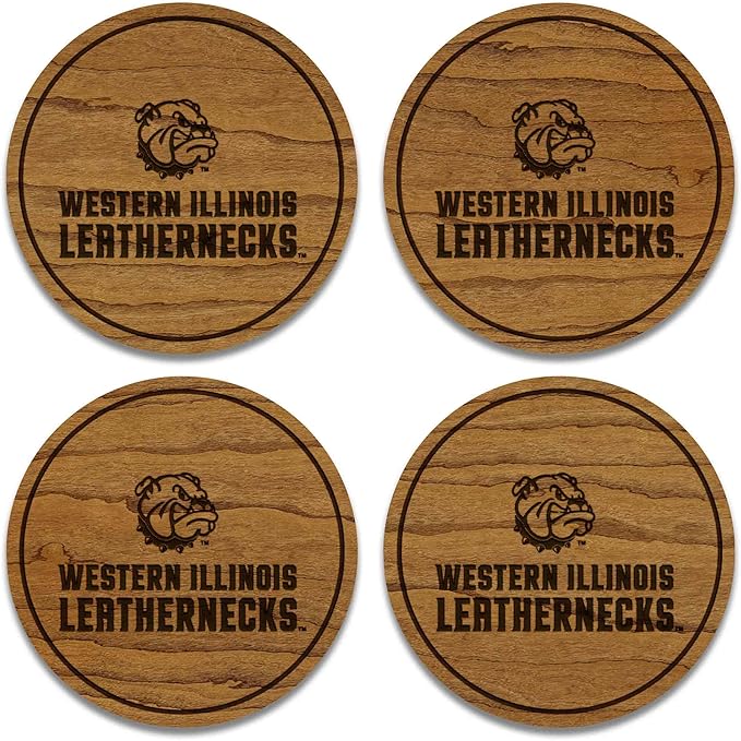 LazerEdge Western Illinois Leatherbacks Wooden Coaster Set - Cherry Wood - Officially Licensed Product - 4-Pack