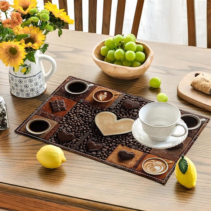 Coffee Placemats Set of 6, Cafe Table Mats, Washable Place Mats for Coffee Bar Home Party Indoor Kitchen Dining Table Decoration 12x18 Inch