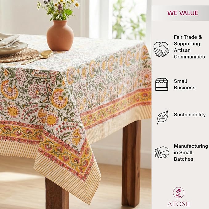 ATOSII Clover Yellow 100% Cotton Rectangle Fall Tablecloth, Handblock Floral Print Linen Table Cloth for Kitchen Dining I Parties, Outdoors, Christmas, Thanksgiving I 72 X 120 Inches I 10 Seater