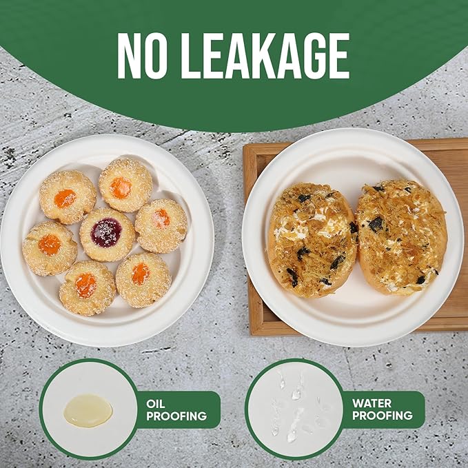Disposable Plates 100% Compostable Heavy Duty - 9 Inch paper plates bulk for Party, Dinner, Cake, Dessert, Snacks Eco-Friendly White