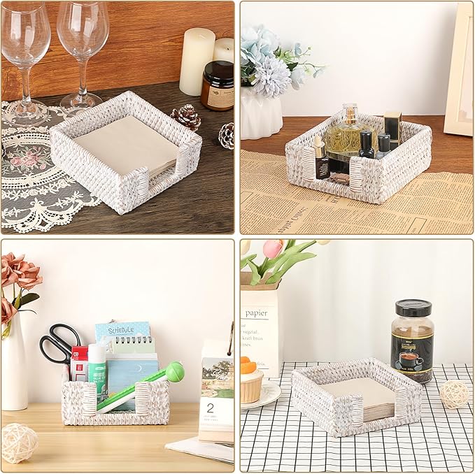 Sumnacon Napkin Holder for Table, Square Cocktail Napkin Holders, Wicker Rattan Napkin Dispenser Rustic Napkin Basket Tray for Dining Table Kitchen Countertop Picnic Party Bar, Vintage Whitewash