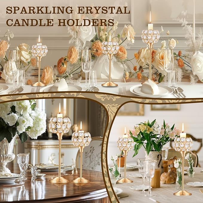 Crystal Candle Holders 2 Set of 6 - Gold Vintage Hollow Ball Candle Stand for Table Centerpiece, Crystal Metal Tealight Candlestick for Wedding, Dining Room Decor