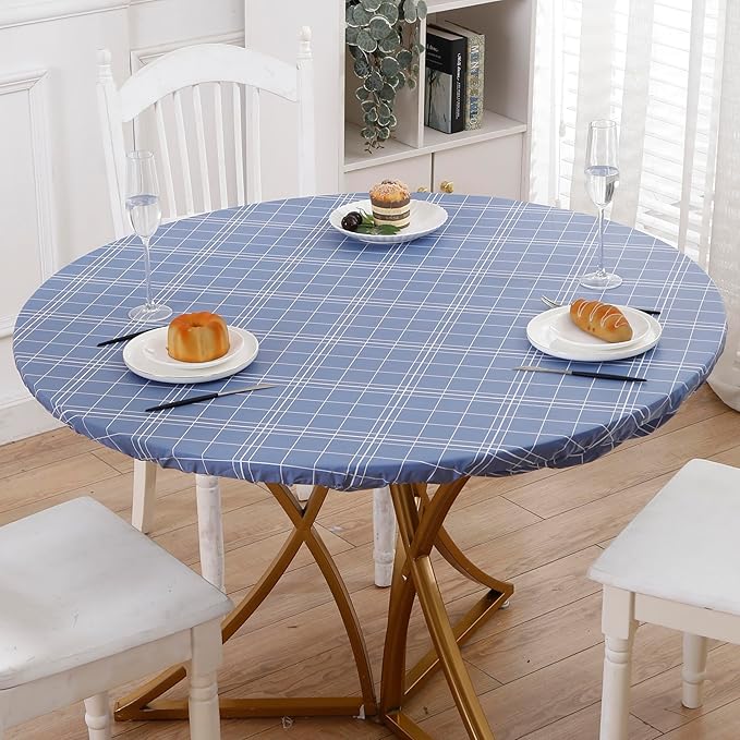 Walrus Round Vinyl Fitted Tablecloth with Flannel Backing Elastic Edge Design Table Cover Waterproof Oil-Proof PVC Table Cloth Stain-Resistant Best for 45"-56" Round