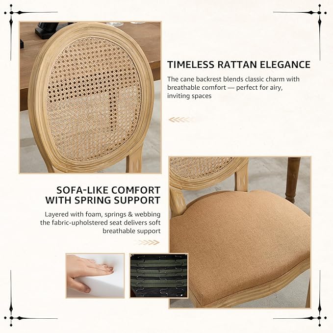 Vintage French Rattan Dining Chairs Set of 8, Round Back Accent Chairs with Rattan Backrest and Upholstered Linen Seat, Solid Wood Frame Sillas de Comedor for Dining Room & Kitchen, Camel