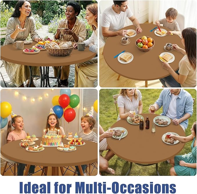 Round Spandex Tablecloth, Elastic Fitted Waterproof Tablecloths for 36"-44" Tables, Stretch Washable Picnic Table Cover for Camping, Dining, Indoor and Outdoor,Brown