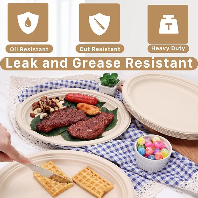 50 Pack Oval Paper Plates, 12 Inch Disposable Paper Plates Heavy Duty,Compostable Oval Plate, Natural Bagasse Sugarcane Plate for BBQ Party Picnic Gathering, Natural Brown