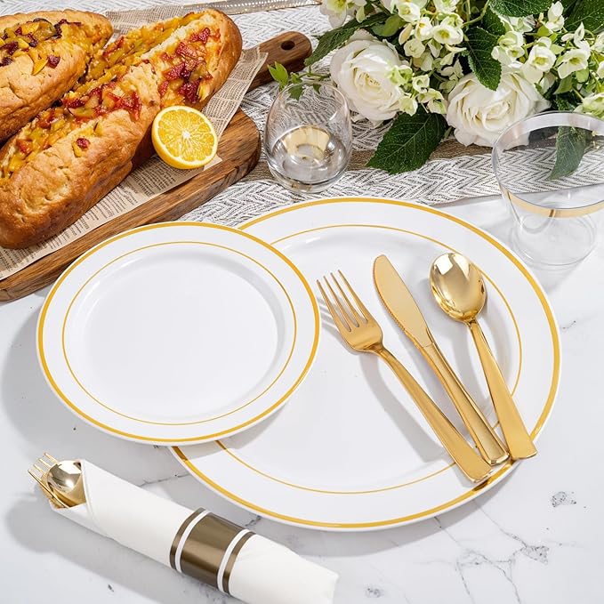 WELLIFE 350Pcs Gold Plastic Plates for 50 Guests - Plastic Dinnerware Set, Includes 100 Party Plates,150 Gold Silverware Disposable,50 Napkins,50 Cups,Disposable Plates for Party and Wedding
